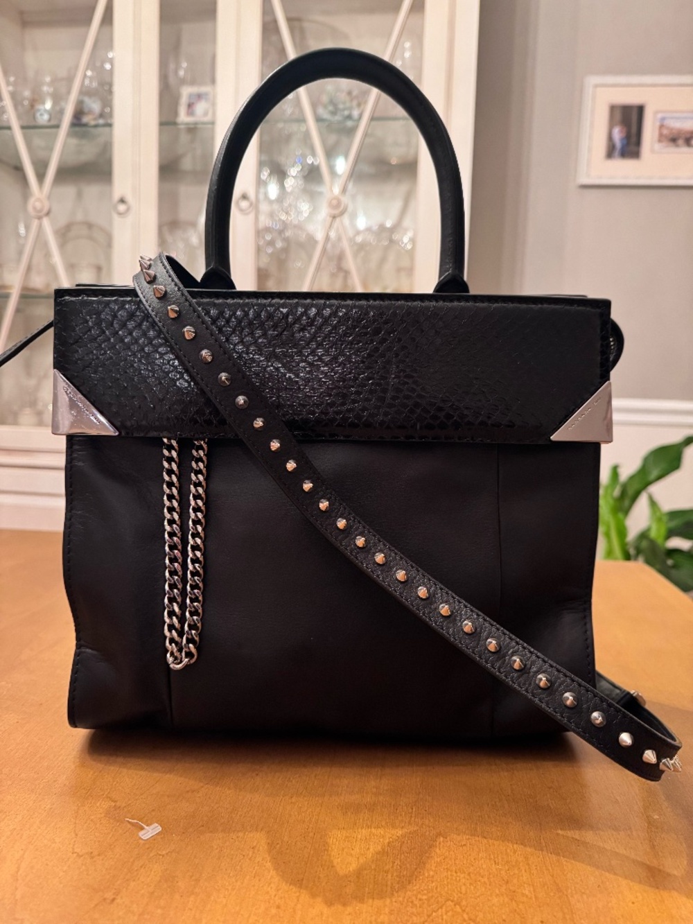 RARE Barbara Bui Black Leather & Python Trim Studded Tote Satchel - Pristine!